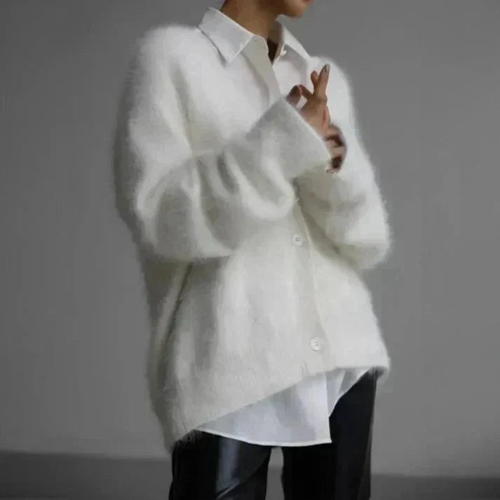 Women’s Fluffy V-Neck Cardigan – Soft Relaxed Button-Up Knit for Autumn and Winter