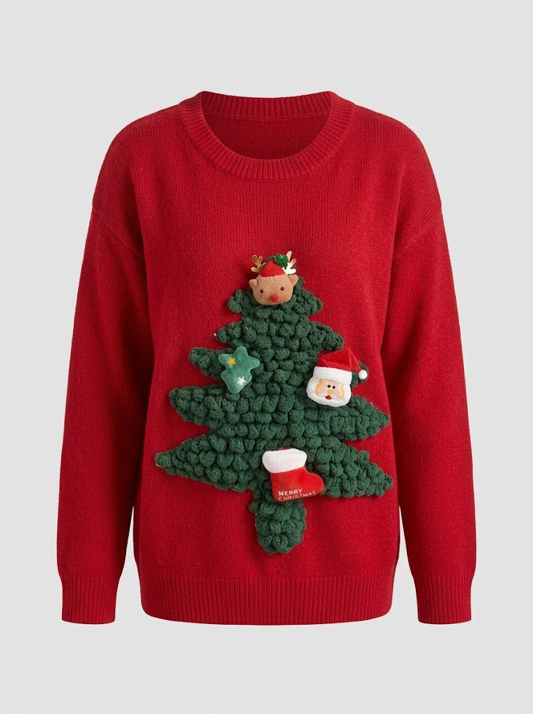 Women’s 3D Christmas Tree Knit Sweater – Festive Crew-Neck Pullover with Textured Appliqué