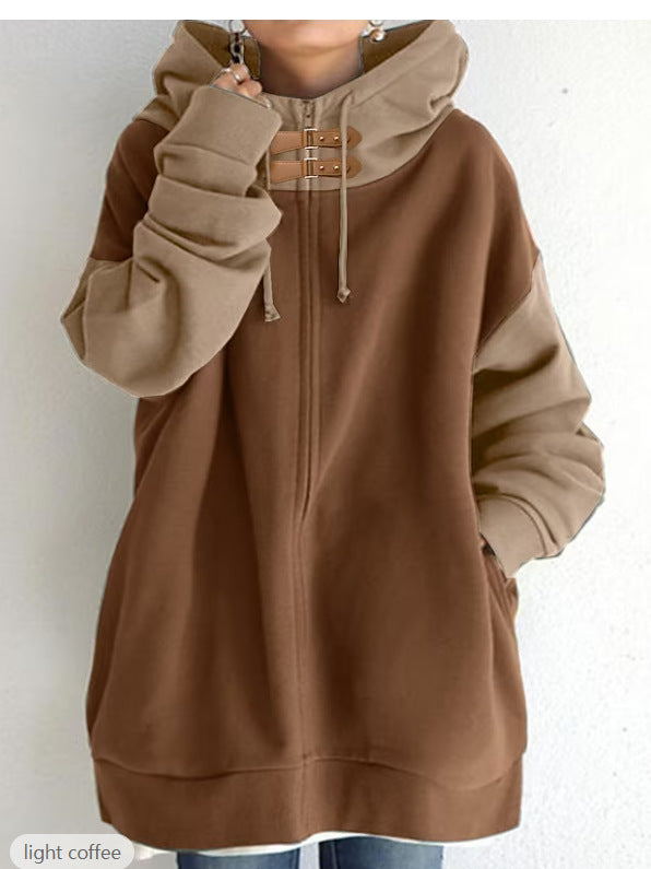 Dameshoodie met oversized pasvorm, rits en contrasterende mouwen - losvallende hoodie met lange mouwen, decoratieve sluitingen bij de hals en geribde manchetten voor de herfst en winter