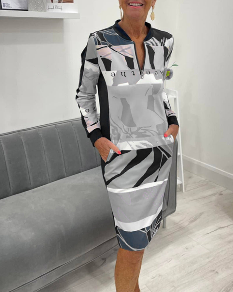 Women’s Printed Zip-Neck Midi Dress – Long-Sleeve Everyday Style for Work Casual Outings and Transitional Season Wear