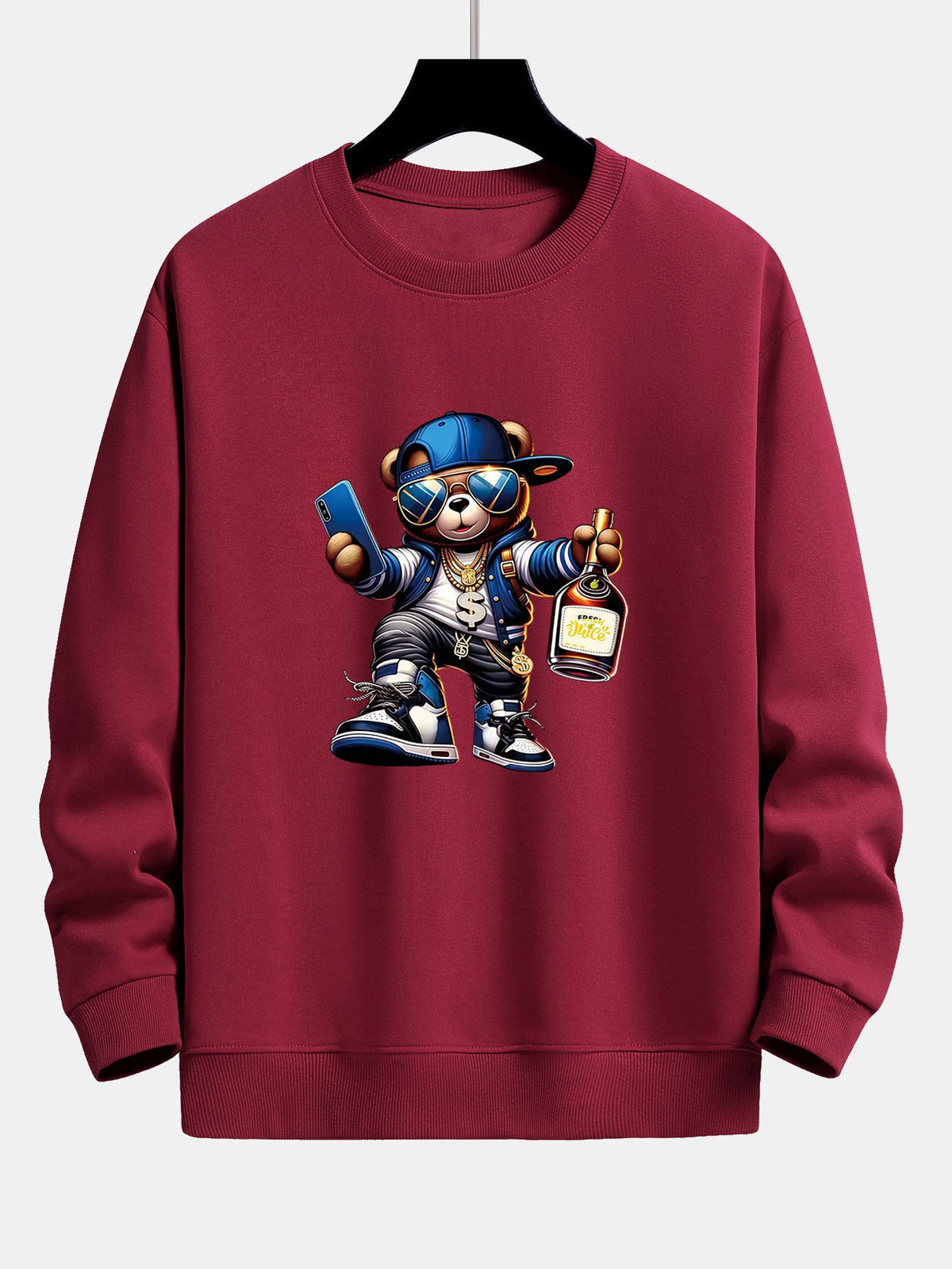 Bluză bărbătească hip-hop cu grafică de ursuleț - croială lejeră, bluză streetwear din amestec de bumbac, cu guler rotund, pentru ținutele de zi cu zi