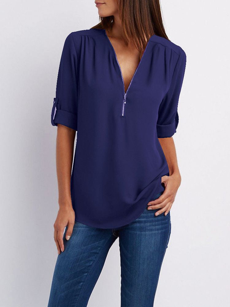Women’s Zip-Neck Relaxed Blouse – Roll-Tab Sleeve Style for Everyday Wear