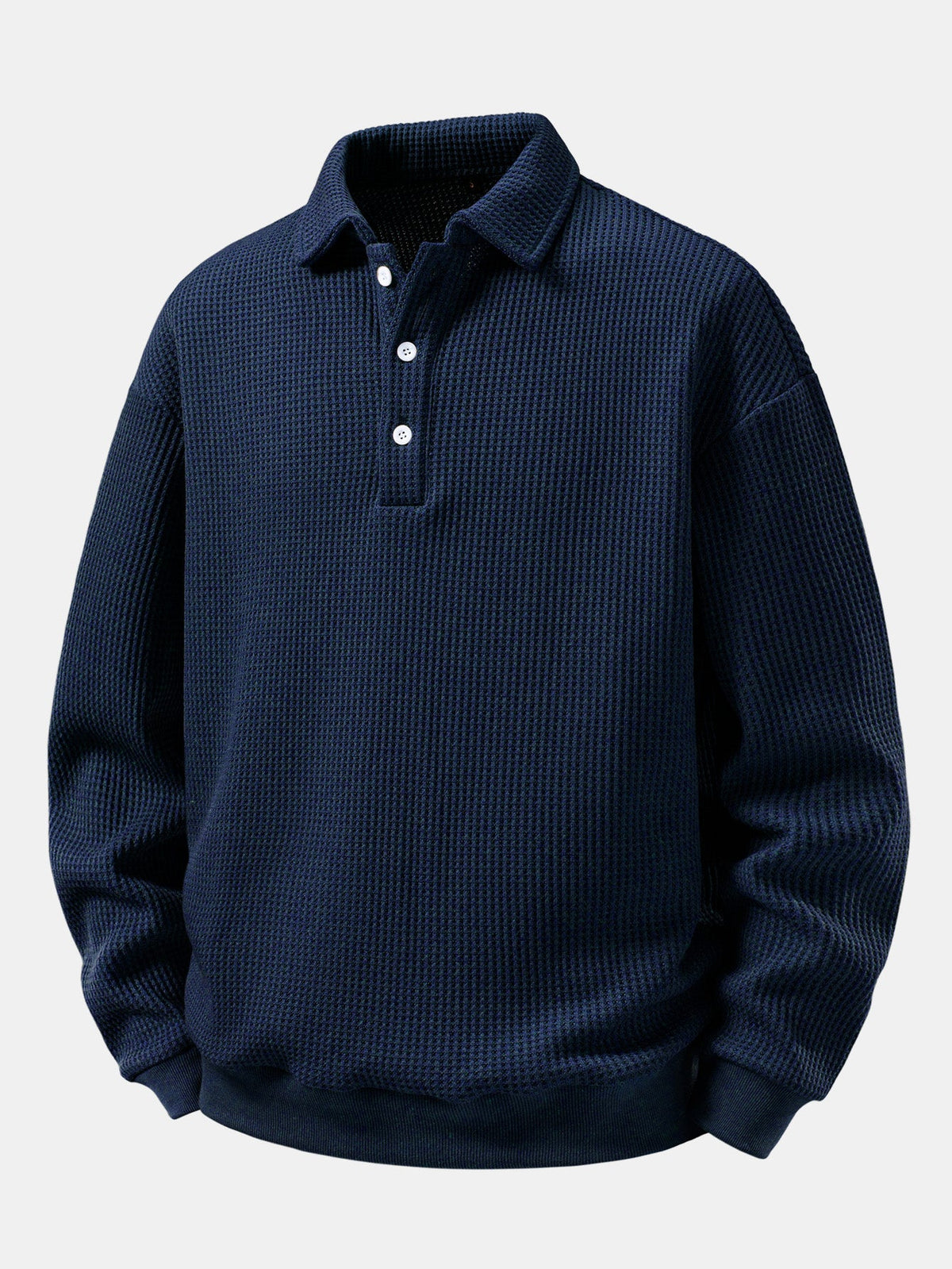 Men’s Waffle Textured Polo Sweatshirt with Button Collar – Relaxed Fit Long Sleeve Casual Pullover for Everyday Wear