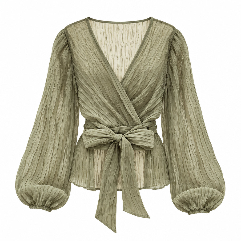 Damenbluse mit V-Ausschnitt und Wickeldesign – plissiertes Oberteil mit langen Ärmeln und Bindeband vorne für elegante Freizeitlooks