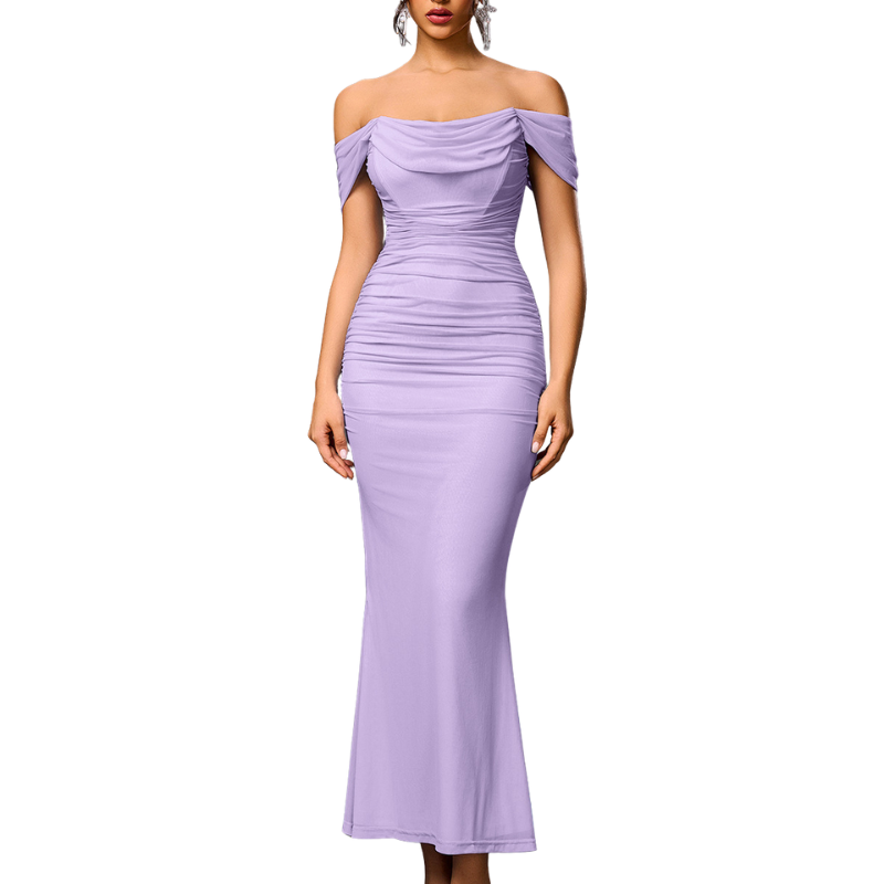 Robe longue froncée épaules dénudées pour femme - coupe ajustée et style de soirée pour les fêtes, les événements formels et les rendez-vous galants