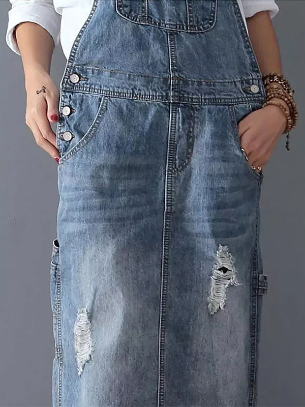 Vestido Maxi Pinafore de Ganga Desgastada para Mulher com Bolsos