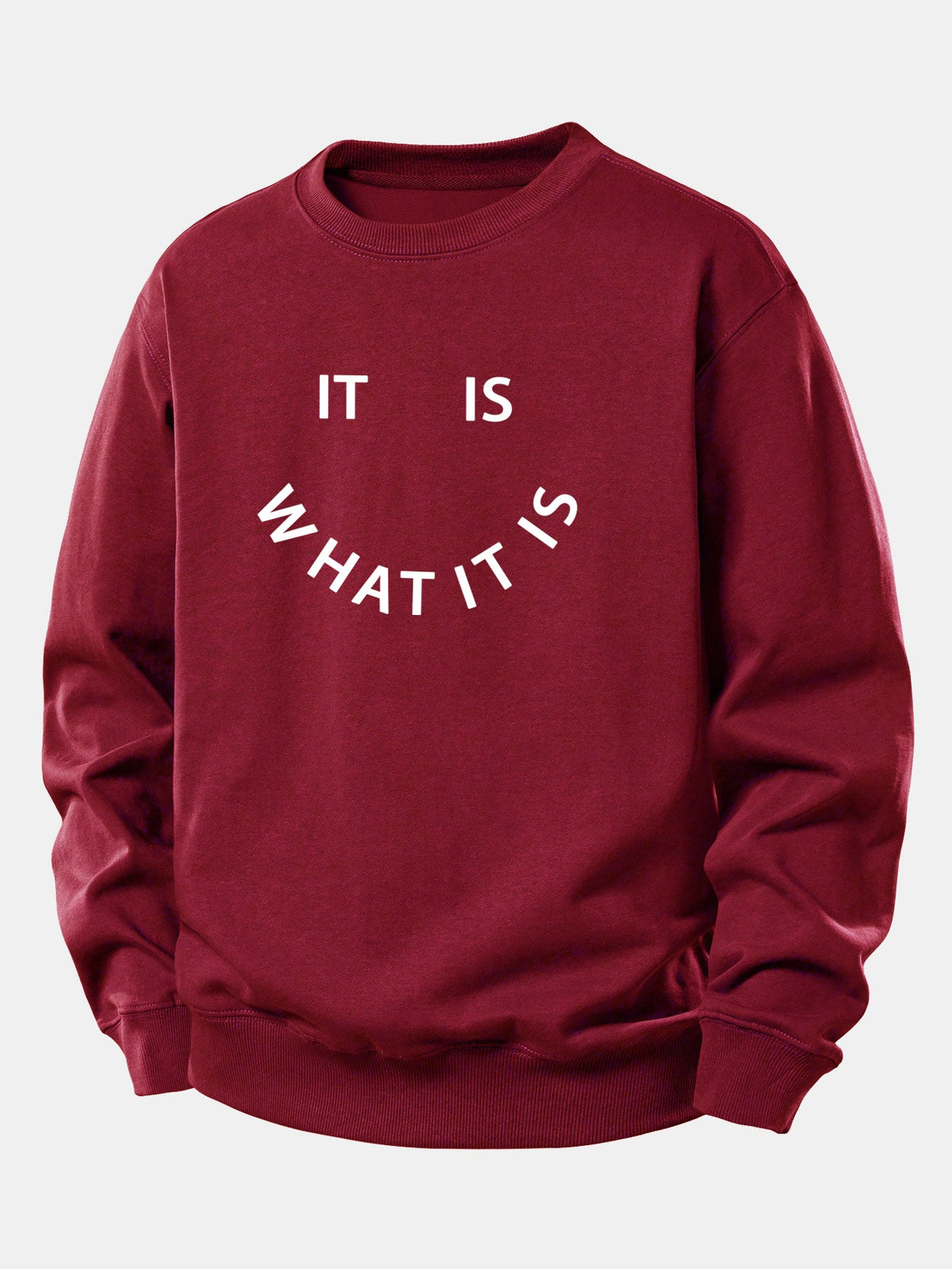 Camisola de homem com o slogan «É o que é» estampado - corte descontraído, em mistura de algodão, com gola redonda, estilo casual urbano, para usar no dia a dia