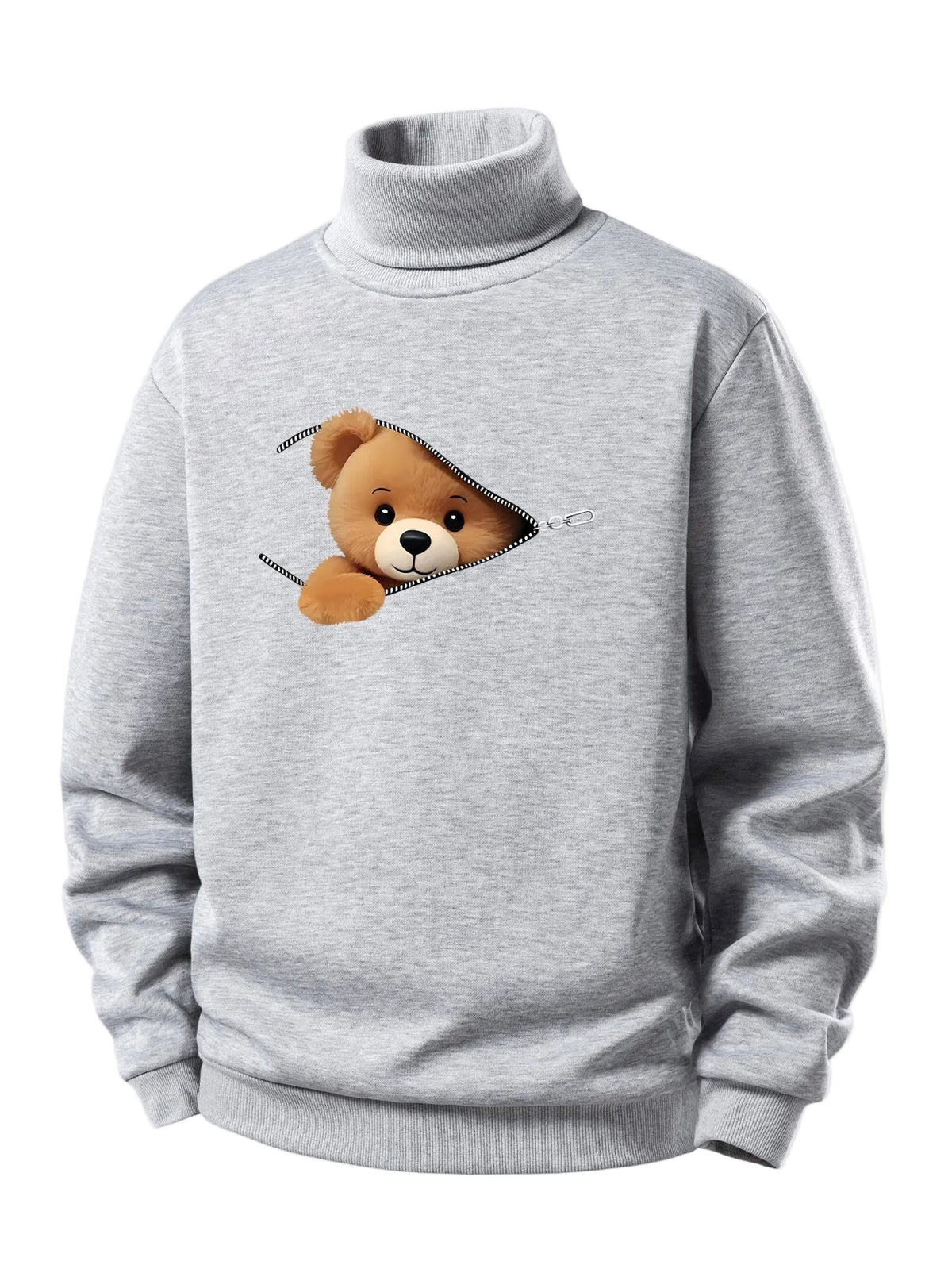 Bluză sport pentru bărbați cu interior căptușit cu fleece pufos, guler înalt rulat și imprimeu cu ursuleț cu fermoar - croială normală, călduroasă, stil casual, pentru toamnă și iarnă
