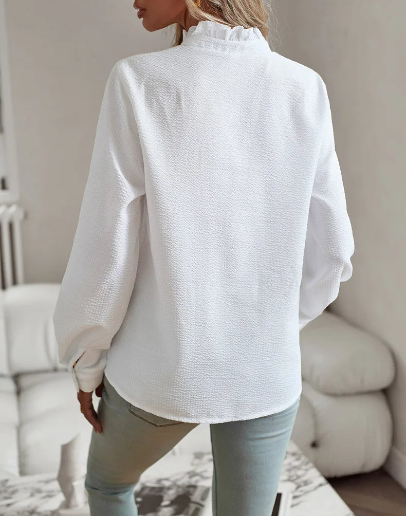 Women’s Ruffle-Trim Button Blouse – Textured Long-Sleeve Style for Office and Everyday Wear