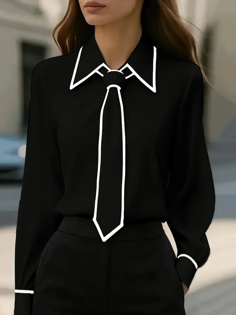 Women’s Contrast Trim Tie Neck Long Sleeve Blouse