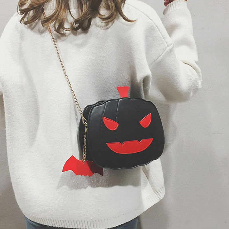 Halloween-crosstas voor dames met pompoenmotief - grappige karaktertas met kettingschouderband