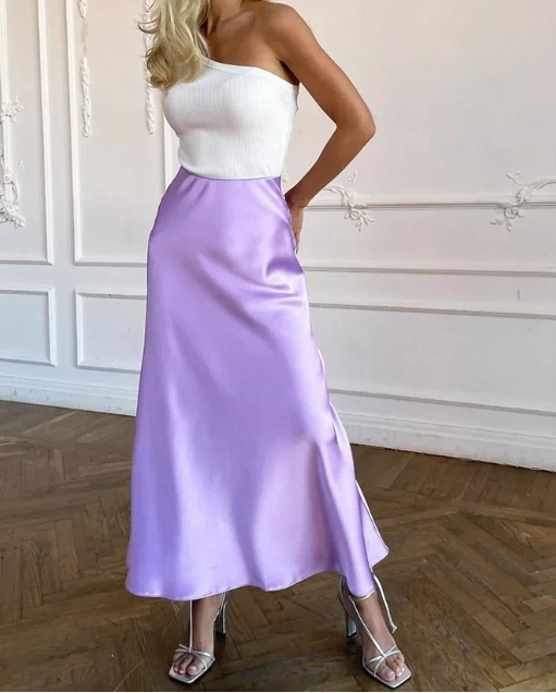 Gonna midi in raso a vita alta da donna con orlo svasato - Stile elegante dal giorno alla sera