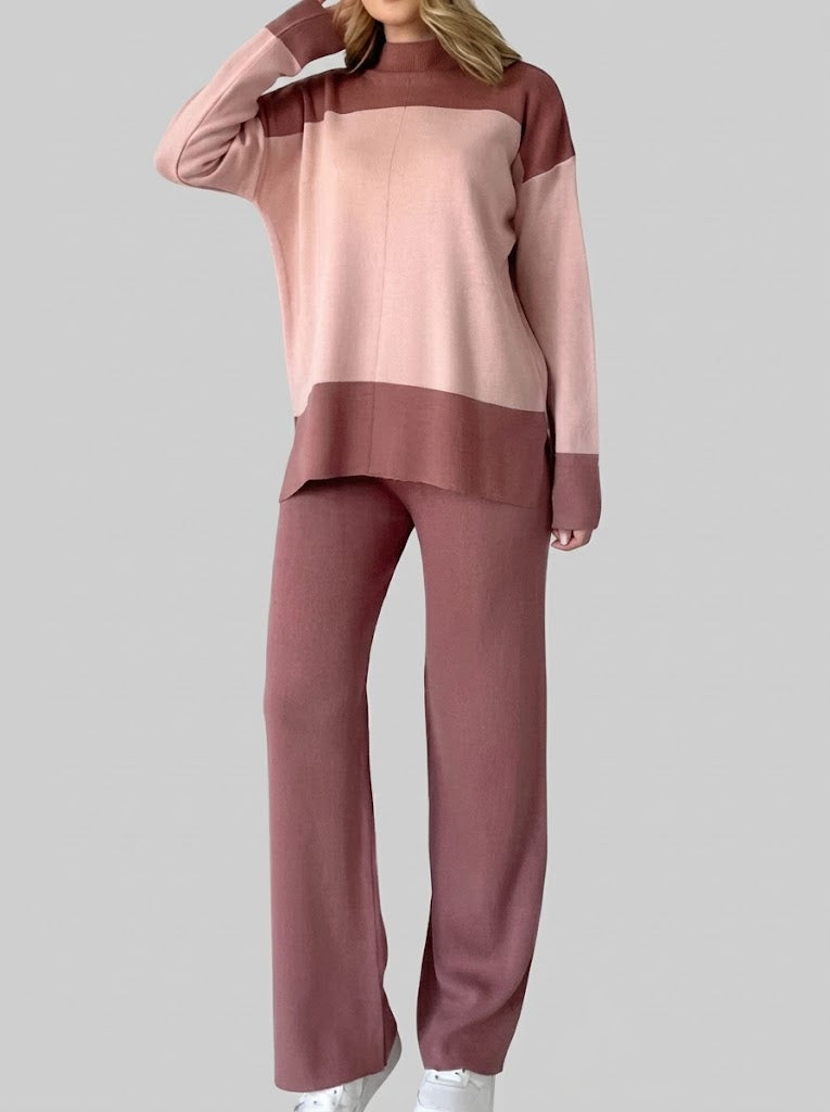 Damen-Strick-Zweiteiler im Colour-Block-Design – Langarmtop mit Stehkragen und Hose mit weitem Bein für legere Looks