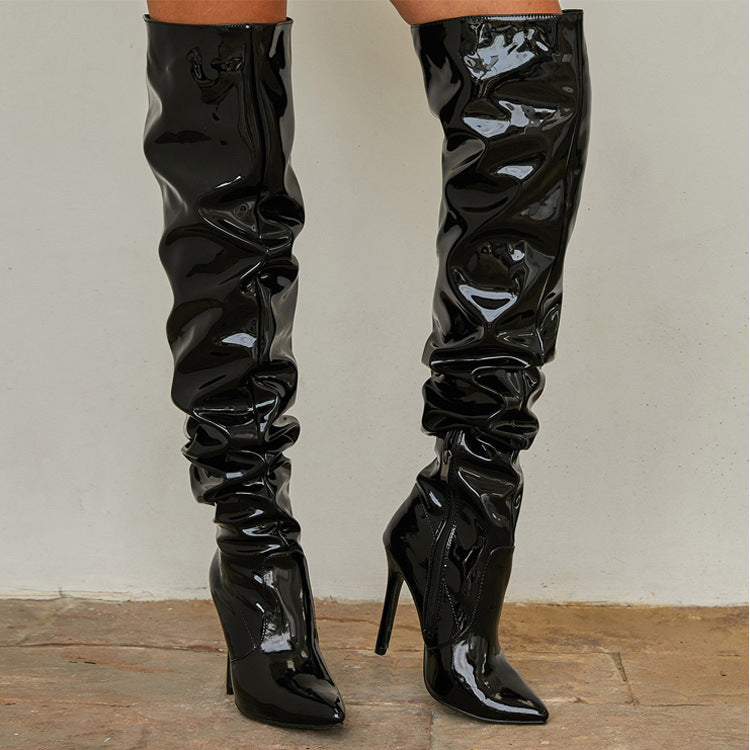 Bottes slouchy pour femme à talons aiguilles et hauteur genou – Modèle brillant à bout pointu pour les soirées