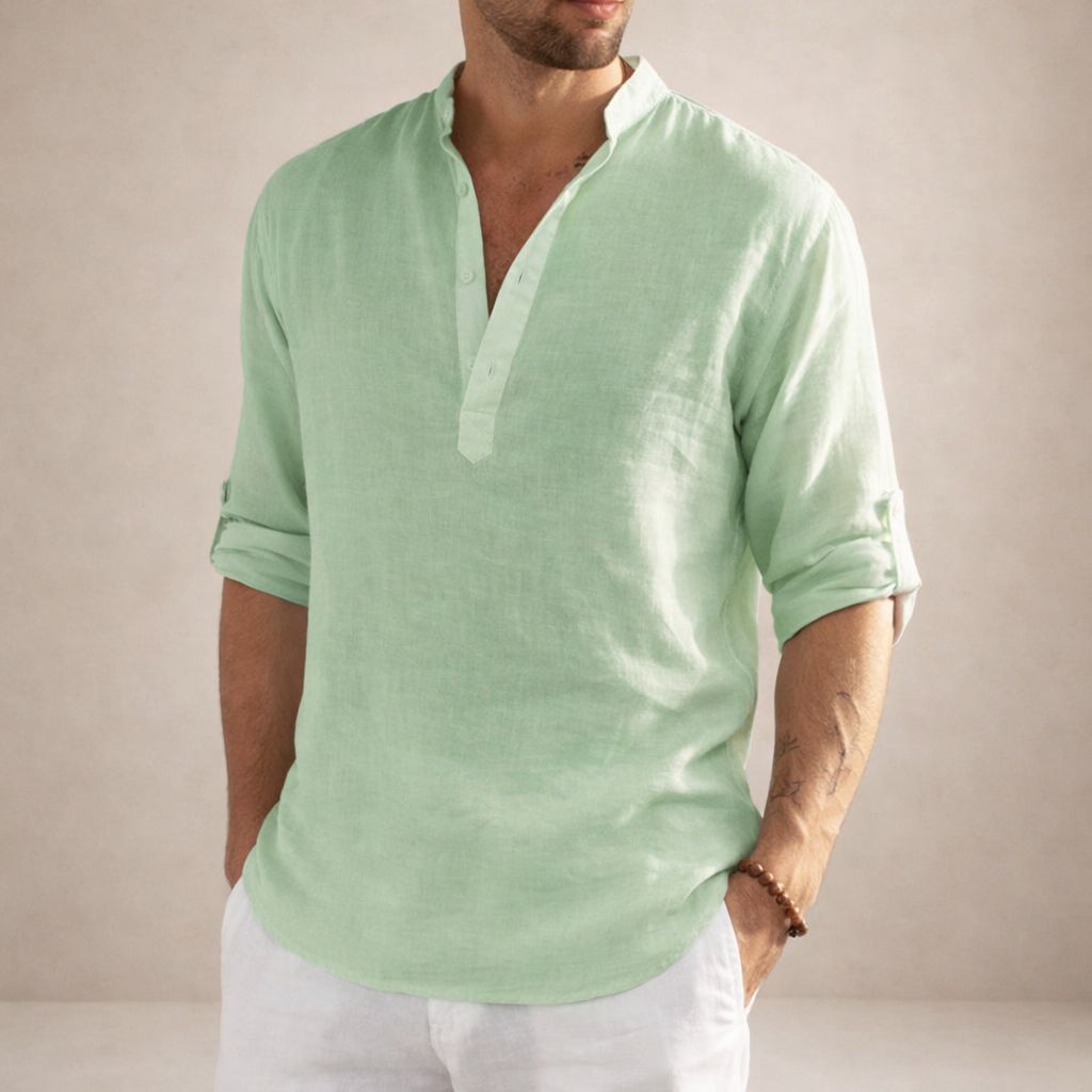 Camicia da uomo in lino con abbottonatura aperta, maniche arrotolate, vestibilità resort