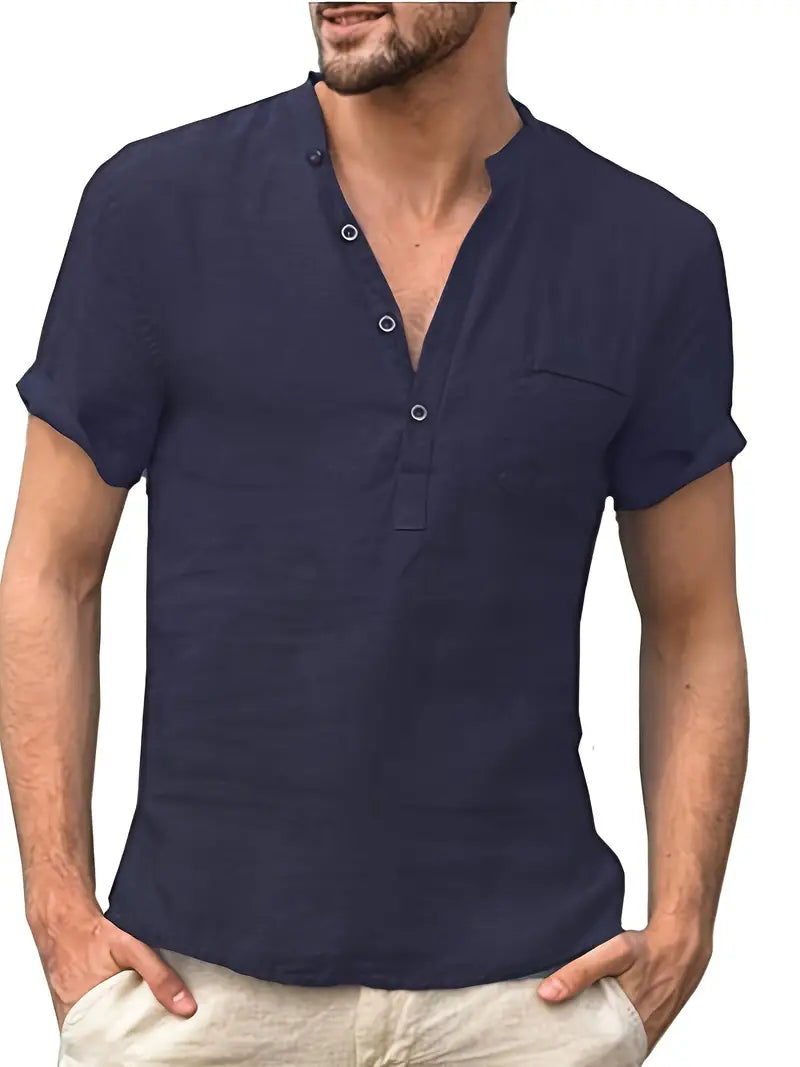 Men’s Lightweight Cotton Henley Shirt – Relaxed Short-Sleeve Button-Placket Summer Top for Holidays Casual City Wear Weekend Outings and Warm-Weather Everyday Styling