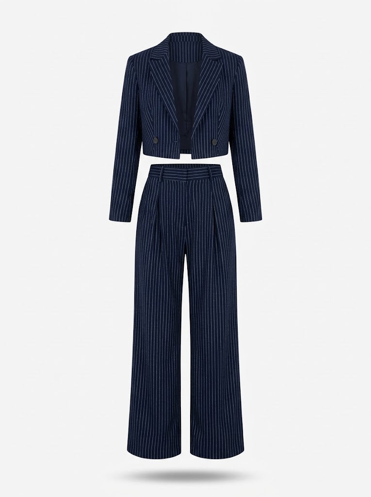 Women’s Pinstripe Trouser Co-Ord Set – Cropped Blazer with Wide-Leg Trousers for Work and Smart Casual Wear