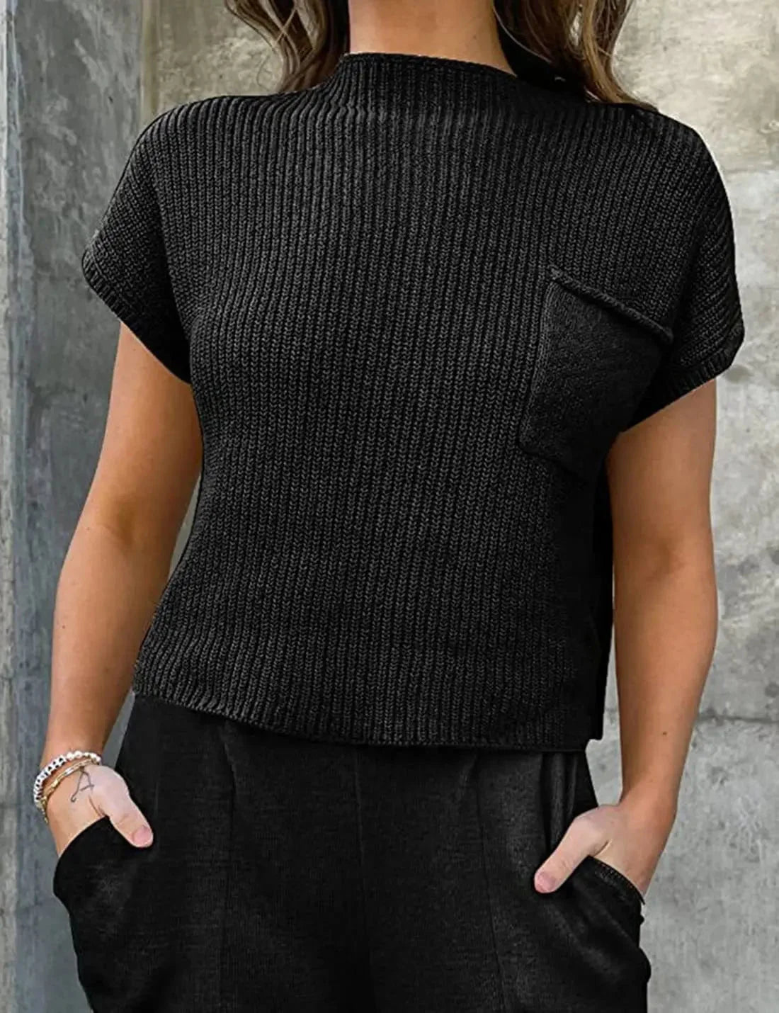 Top de punto acanalado de manga corta para mujer – Camiseta de cuello alto holgado para la oficina y el uso diario