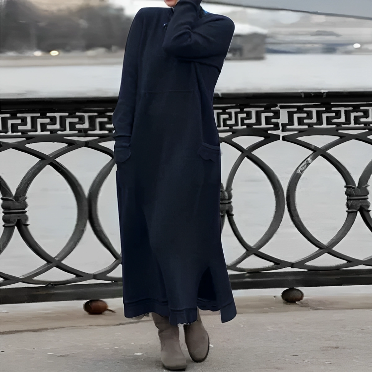 Robe longue en maille à manches longues pour femme – Style décontracté à col montant pour l’automne et l’hiver