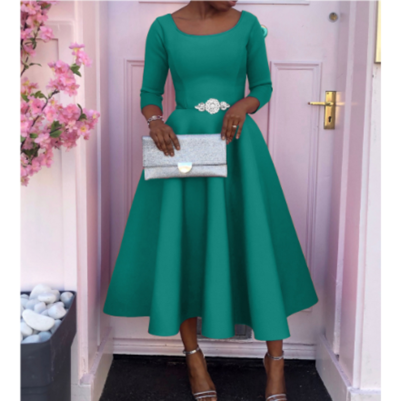 Women’s A-Line Midi Dress – Three-Quarter Sleeve Dress for Events and Everyday Wear