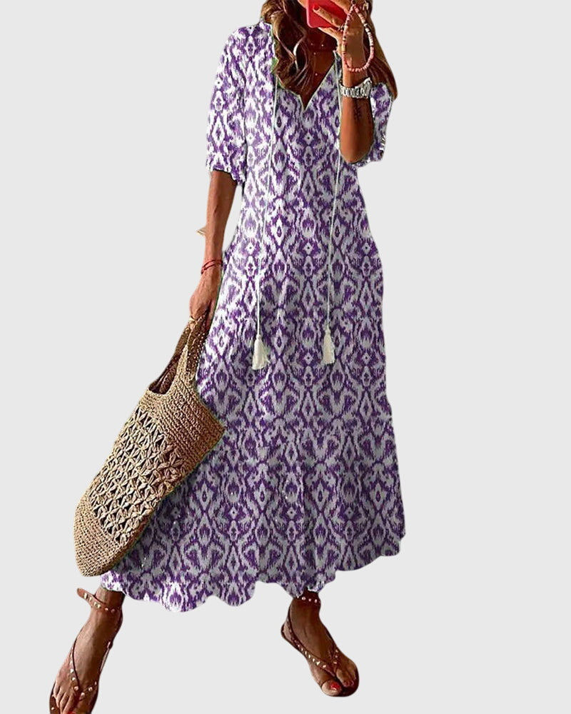 Women’s Printed Boho Maxi Dress – Relaxed V-Neck Summer Style for Holidays and Casual Occasions