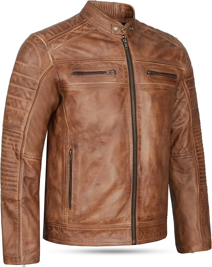 Slidt bikerjakke til herrer i ægte læder – vintage-motorcykeljakke med ståkrave, lynlås og quiltede paneler til efterårsrejser, streetwear i weekenden og hverdagsstil i byen