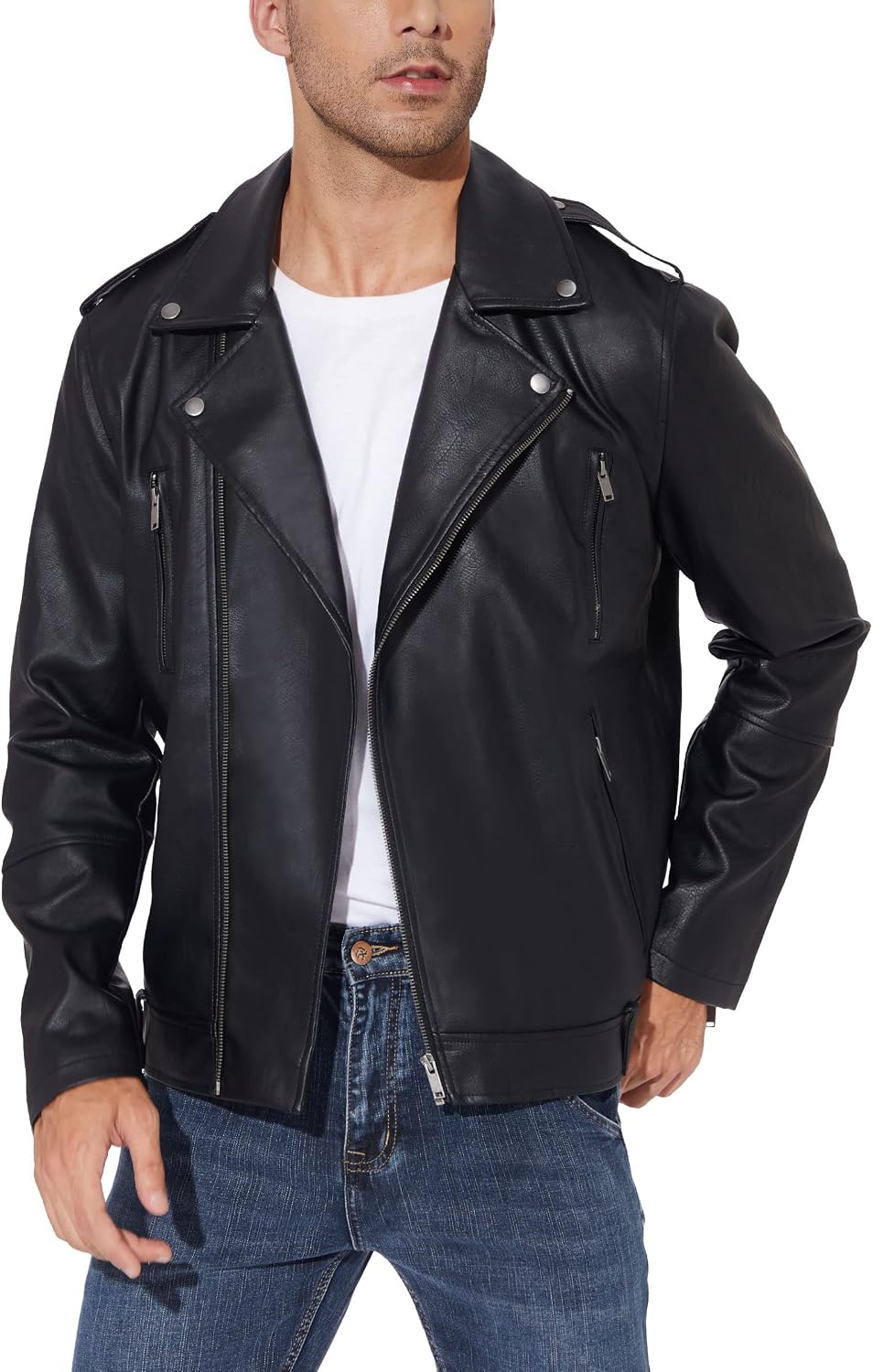 Men’s Asymmetric Faux-Leather Biker Jacket – Classic Lapel Zip-Up Motorcycle Layer with Multi-Zip Pockets and Shoulder Epaulettes for Autumn Streetwear Weekend Travel Evening Outings and Everyday City Styling