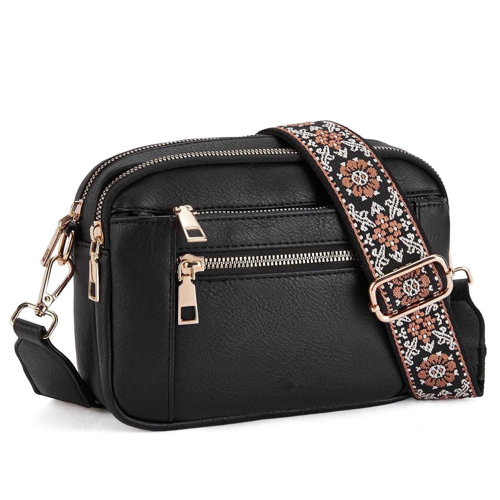 Borsa a tracolla donna con più zip e dettaglio della tracolla stampata