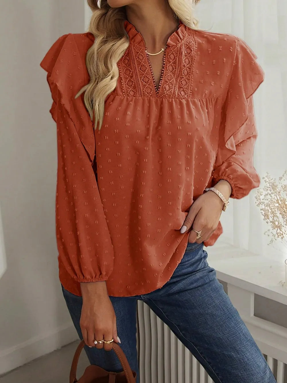 Women’s Lace Trimmed Blouse With Ruffled Shoulders and Long Sleeves