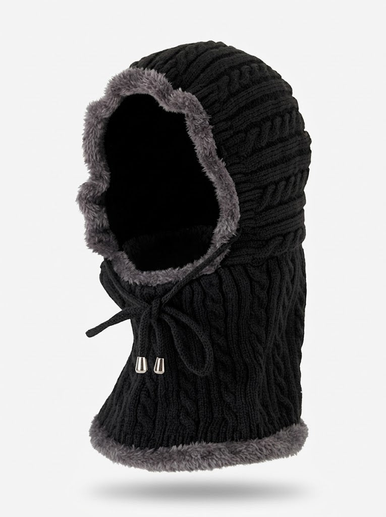 Pasamontañas de punto para mujer con bufanda y capucha - calentador de cuello de invierno cortavientos de punto trenzado con forro de felpa y cordón ajustable