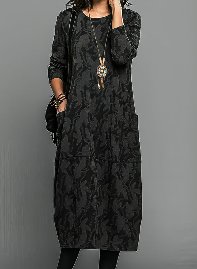 Women’s Relaxed Wedding Guest Midi Dress – Printed Long Sleeve Style with Pockets