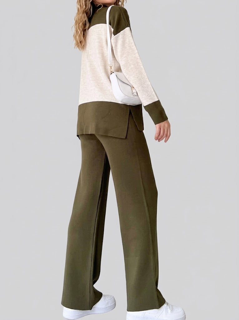Damen-Strick-Zweiteiler im Colour-Block-Design – Langarmtop mit Stehkragen und Hose mit weitem Bein für legere Looks