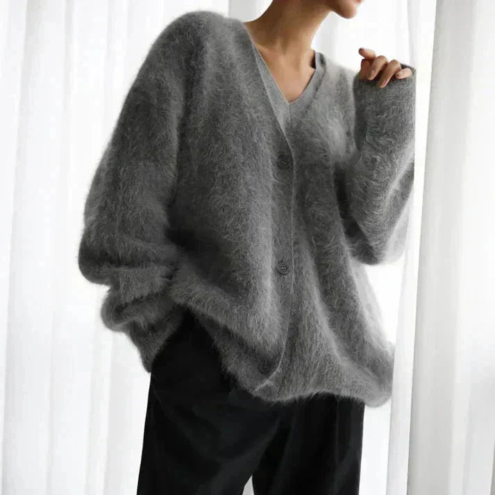 Women’s Fluffy V-Neck Cardigan – Soft Relaxed Button-Up Knit for Autumn and Winter