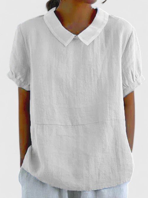 Afslappet bluse med korte ærmer til kvinder – casual pullover-top med krave og tekstureret stof til forår og sommer