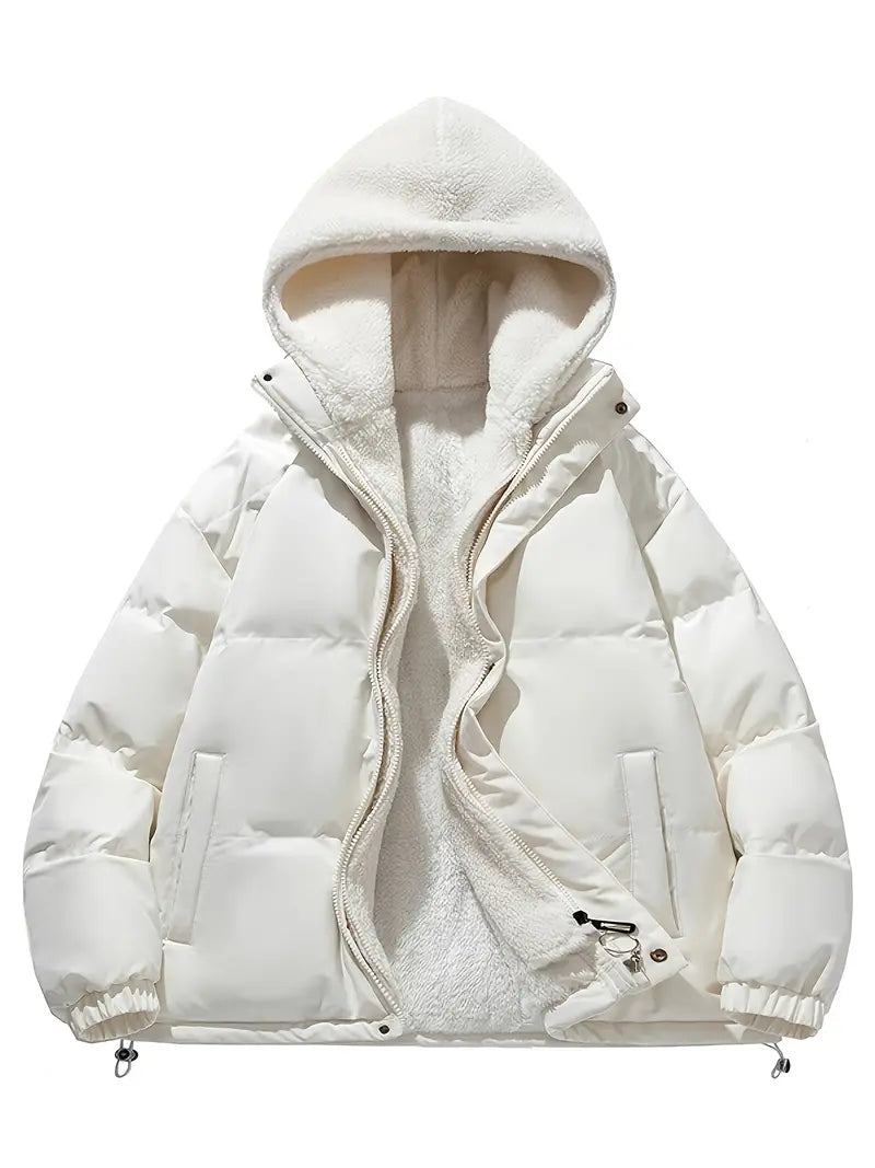 Women’s Sherpa-Lined Puffer Jacket – Cosy Hooded Winter Outerwear with Zip Front and Adjustable Hem