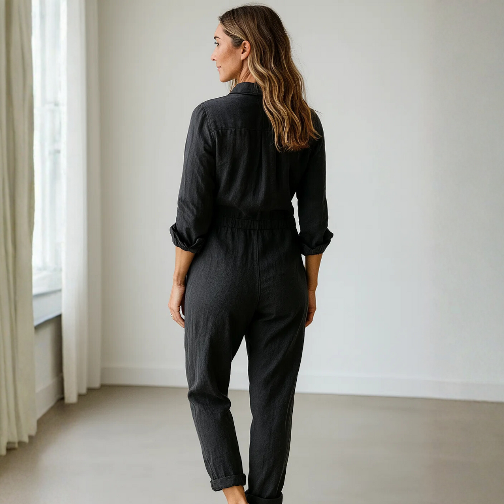 Women’s Button-Front Utility Jumpsuit – Relaxed Long-Sleeve One-Piece with Pockets for Casual Everyday and Travel Wear