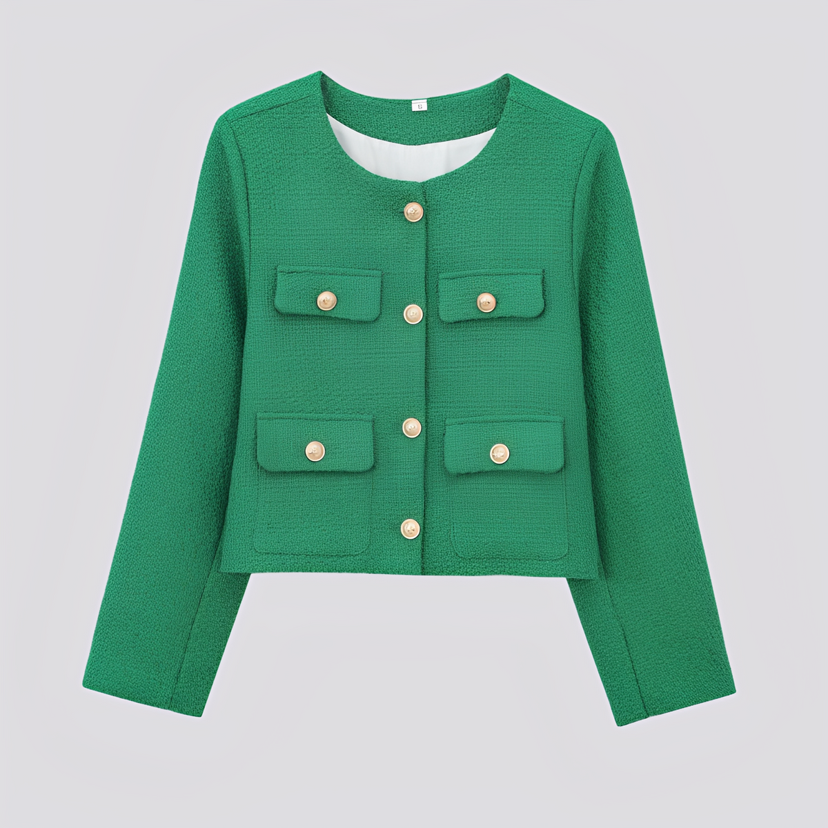 Kort damesjasje zonder kraag met decoratieve knopen en klepzakken - elegante getailleerde laag voor nette casual outfits