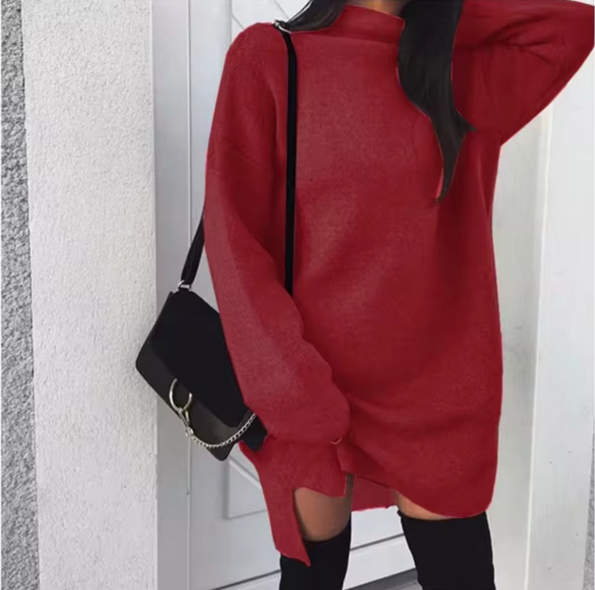 Robe-pull en laine et cachemire pour femme, avec col montant et fentes latérales – Style mini ample en maille pour une tenue douillette en automne et en hiver