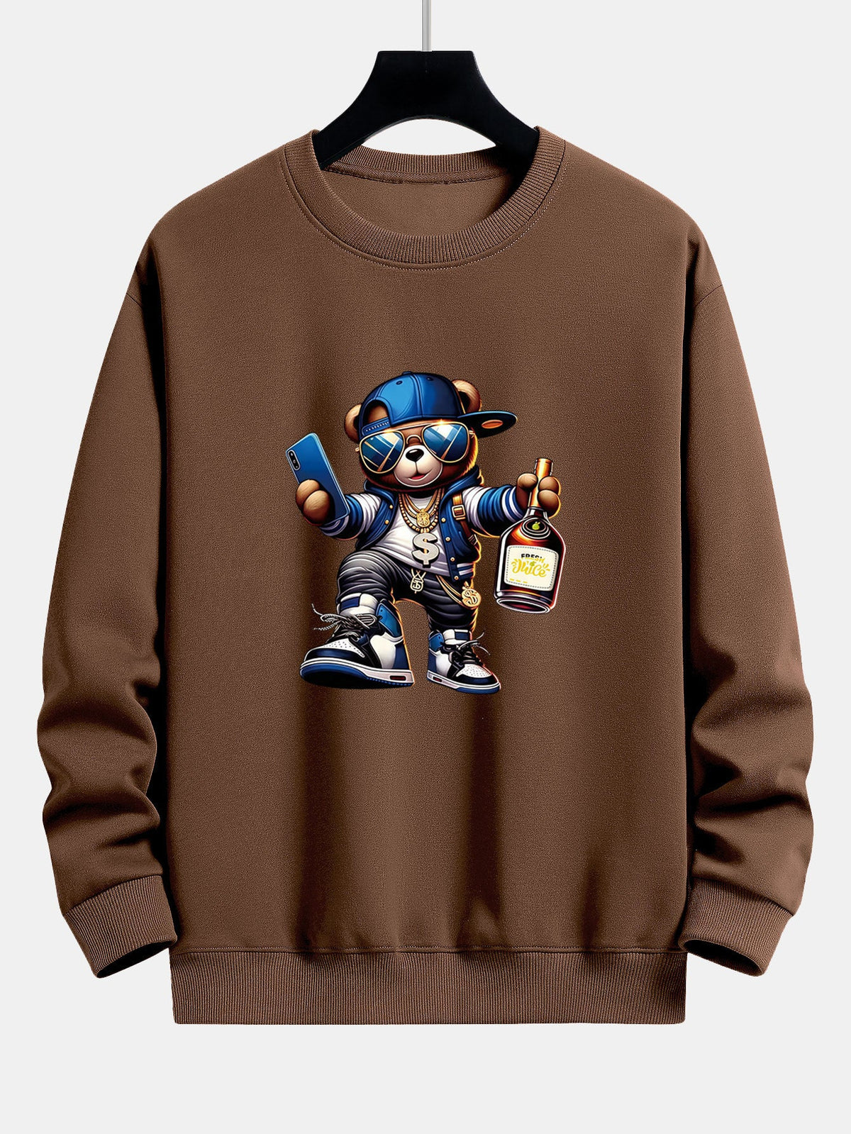 Bluză bărbătească hip-hop cu grafică de ursuleț - croială lejeră, bluză streetwear din amestec de bumbac, cu guler rotund, pentru ținutele de zi cu zi