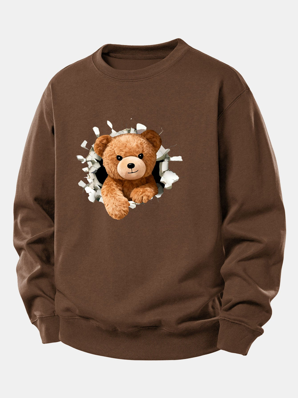 Sweatshirt til mænd med bamse, der bryder gennem en mur – afslappet pasform, bomuldsblanding, rund hals og legende grafik til afslappet streetwear