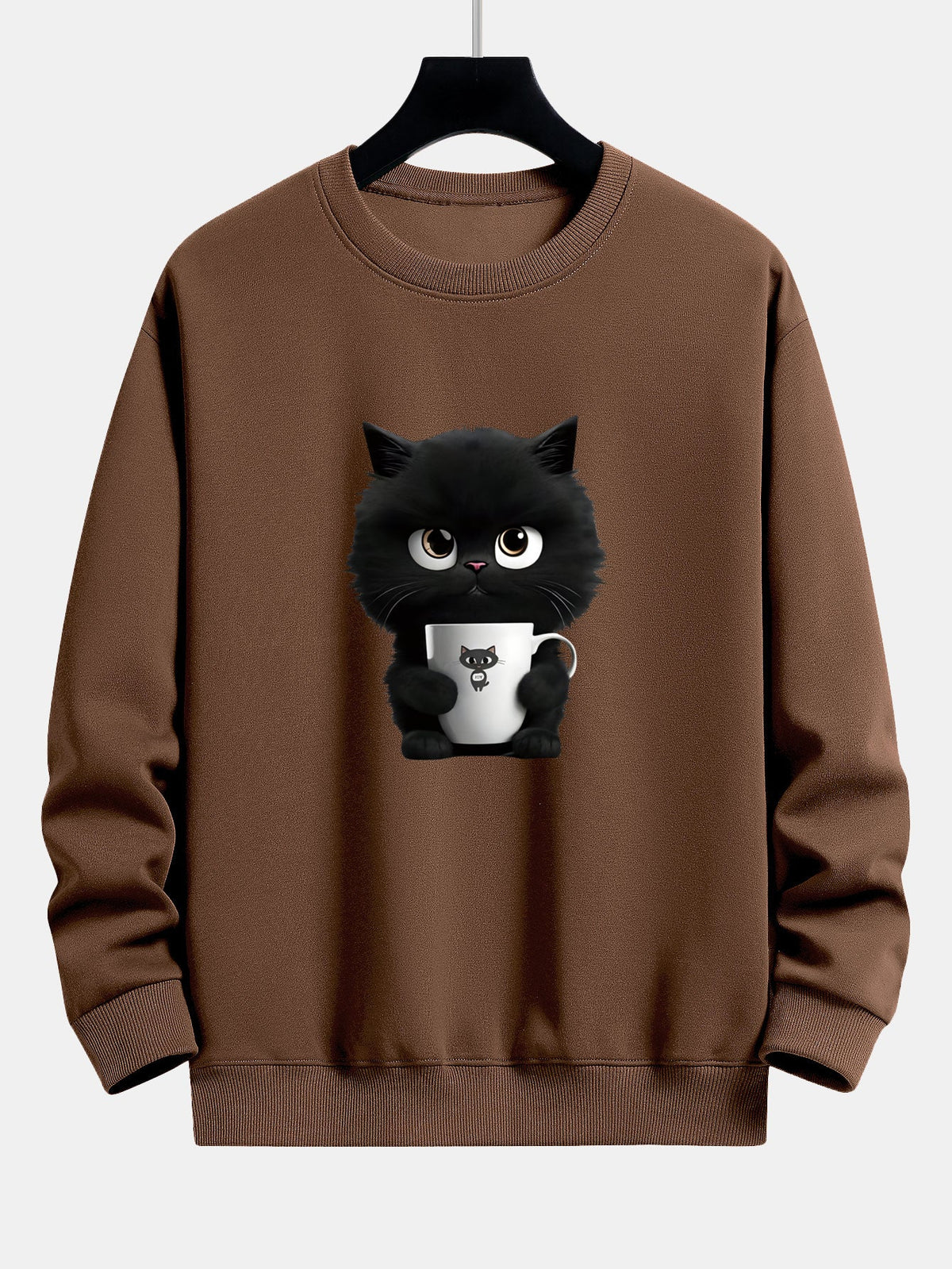 Niedliches Sweatshirt für Herren mit einer Katze, die Kaffee hält – Locker geschnittener Pullover aus Baumwollmischgewebe mit verspielter Kätzchen-Illustration und Rippbündchen