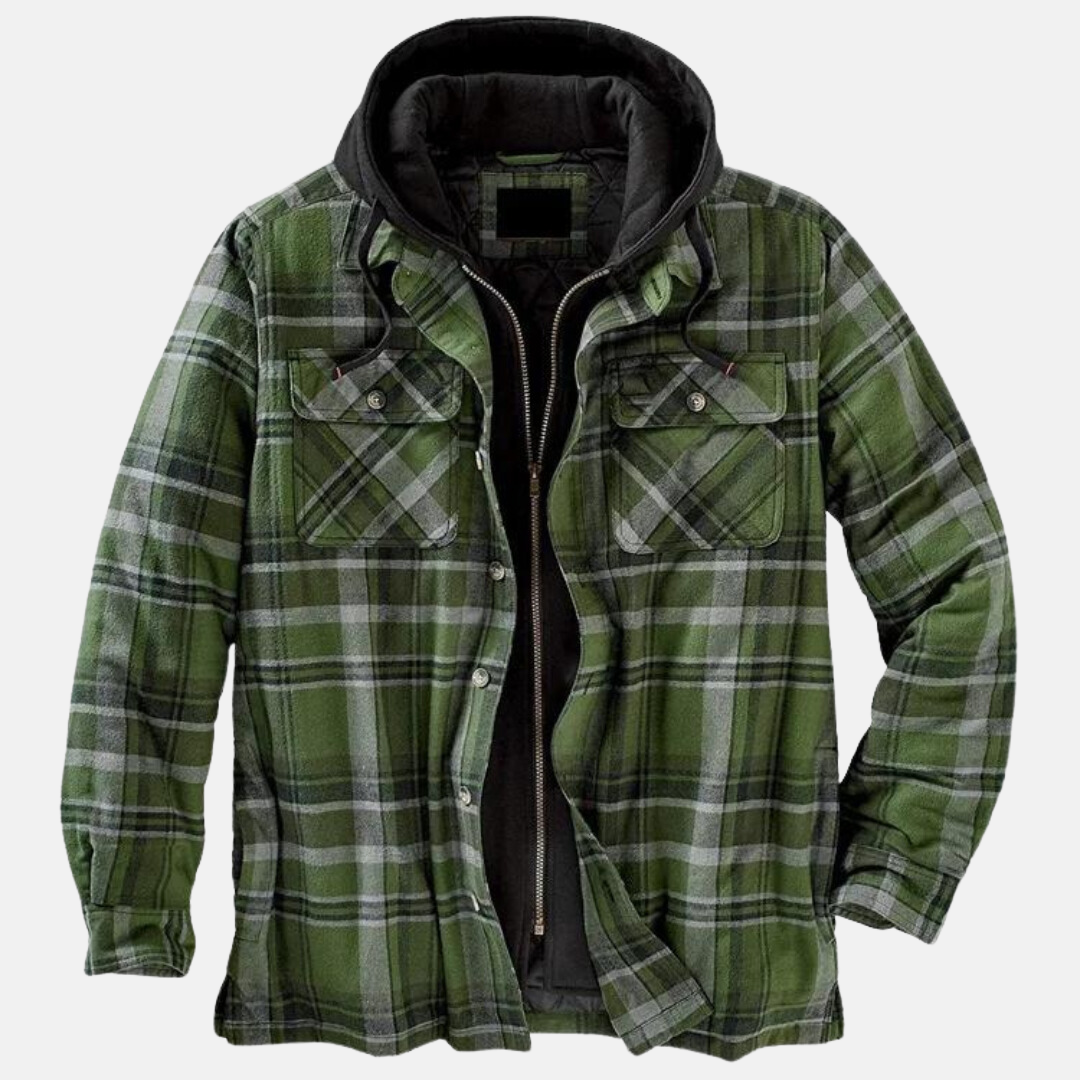 Men’s Warm Hooded Overshirt Jacket – Printed Quilted Layer for Outdoor Wear