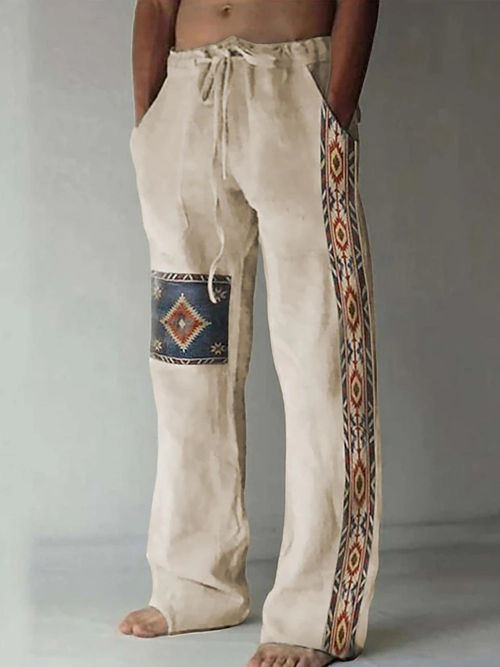 Men’s Patchwork Cotton-Linen Trousers – Relaxed Drawstring Pants for Casual Summer Wear