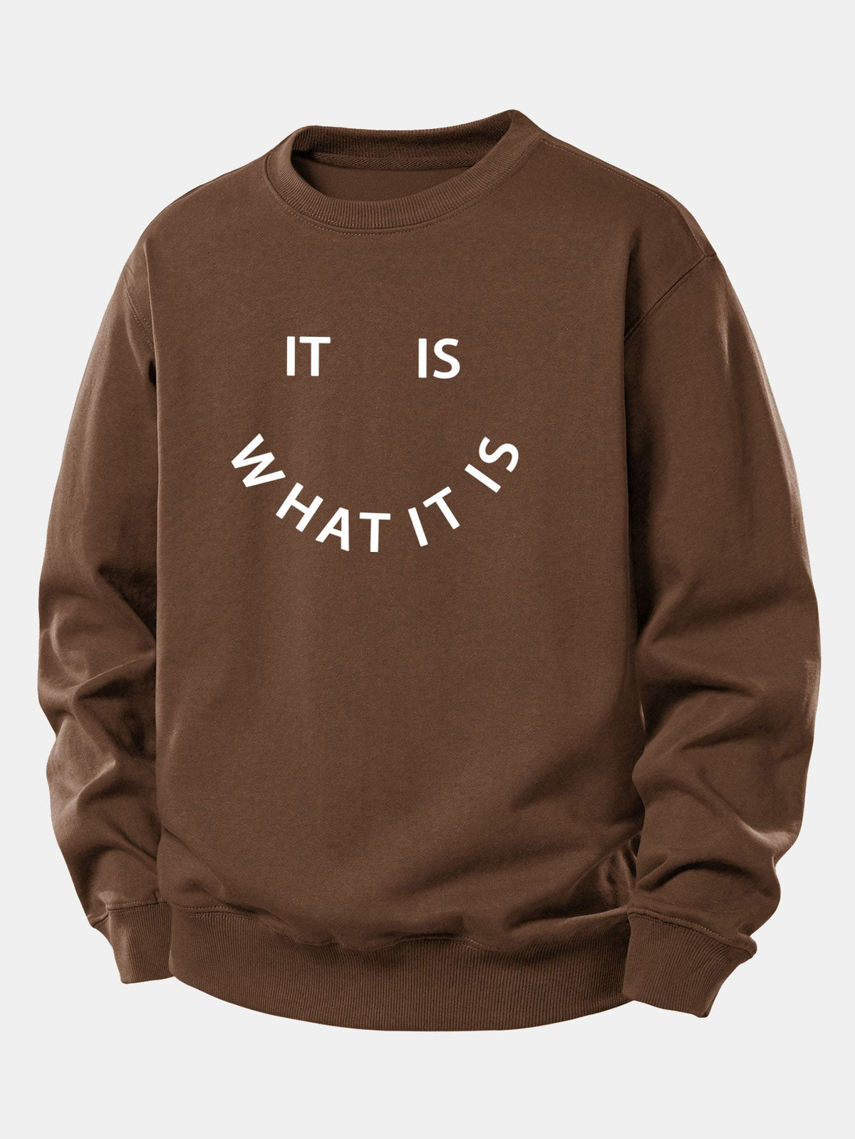 Camisola de homem com o slogan «É o que é» estampado - corte descontraído, em mistura de algodão, com gola redonda, estilo casual urbano, para usar no dia a dia