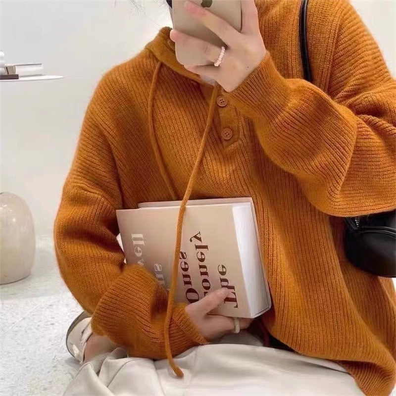 Jersey de punto acanalado con capucha para mujer – Jersey holgado con cuello de botones para llevar a capas cómodamente a diario