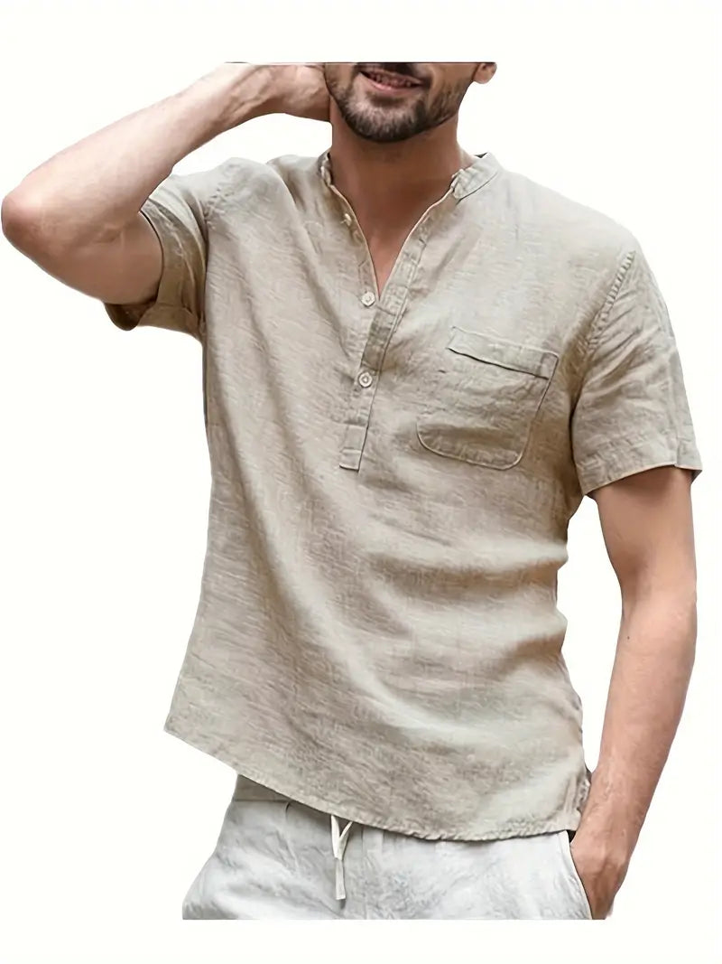 Men’s Lightweight Cotton Henley Shirt – Relaxed Short-Sleeve Button-Placket Summer Top for Holidays Casual City Wear Weekend Outings and Warm-Weather Everyday Styling