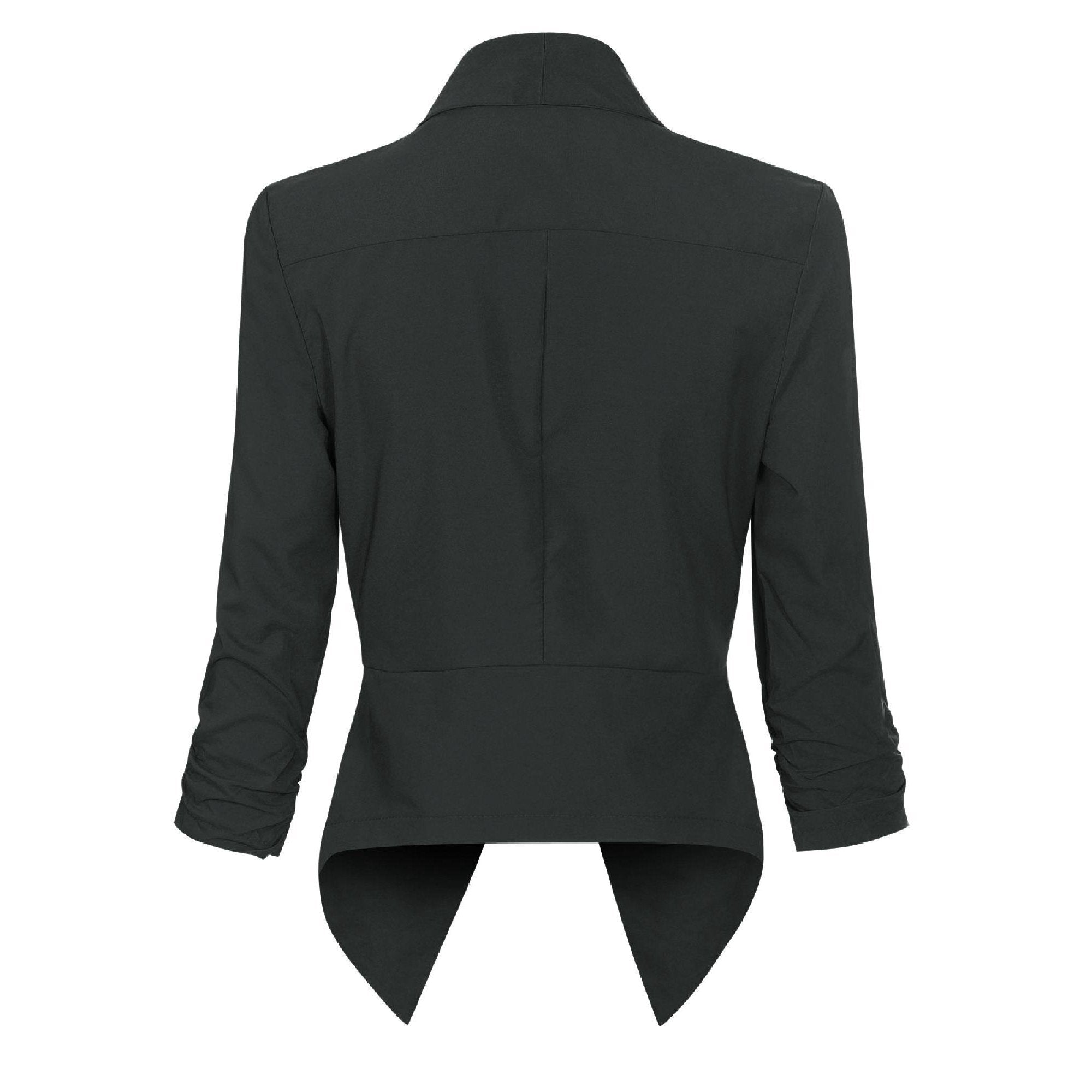 Dámské sako s otevřeným předním dílem – elegantní vrstva s řasenými rukávy do kanceláře i pro slavnostní příležitosti