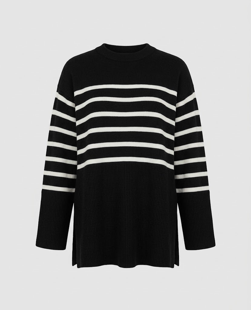 Women’s Striped Colour-Block Knit Sweater – Relaxed Longline Pullover for Modern Winter Layering