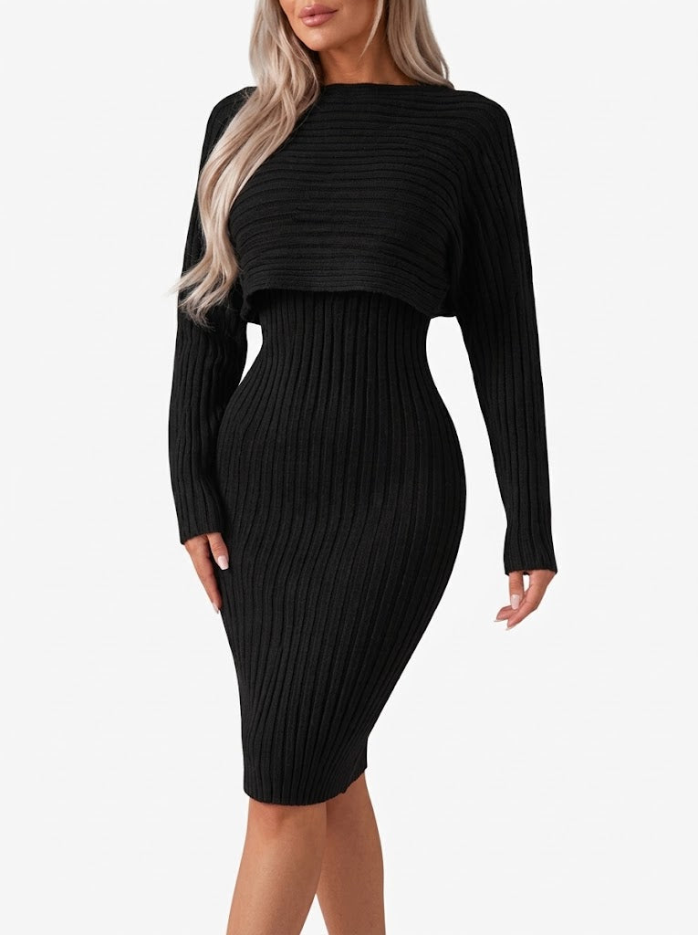 Dames ribgebreide midi-rok co-ordset - cropped, losvallende top met lange mouwen en aansluitende rok voor werk en in de stad
