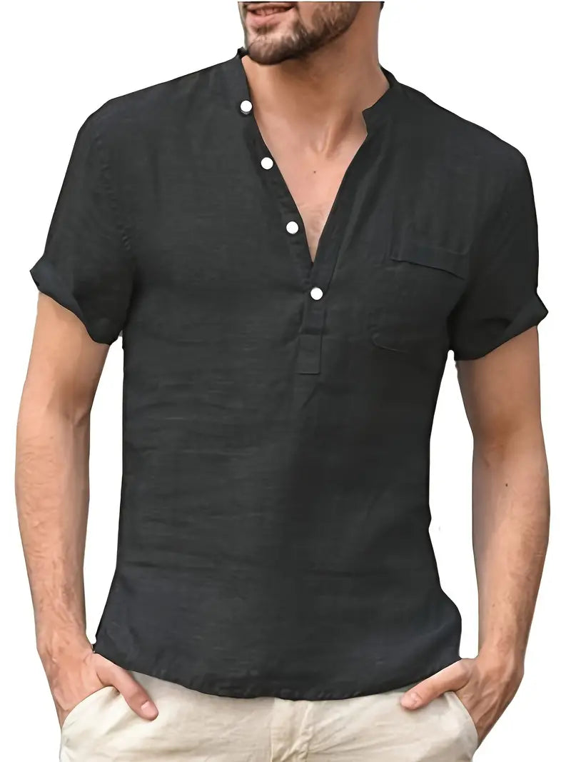 Men’s Lightweight Cotton Henley Shirt – Relaxed Short-Sleeve Button-Placket Summer Top for Holidays Casual City Wear Weekend Outings and Warm-Weather Everyday Styling